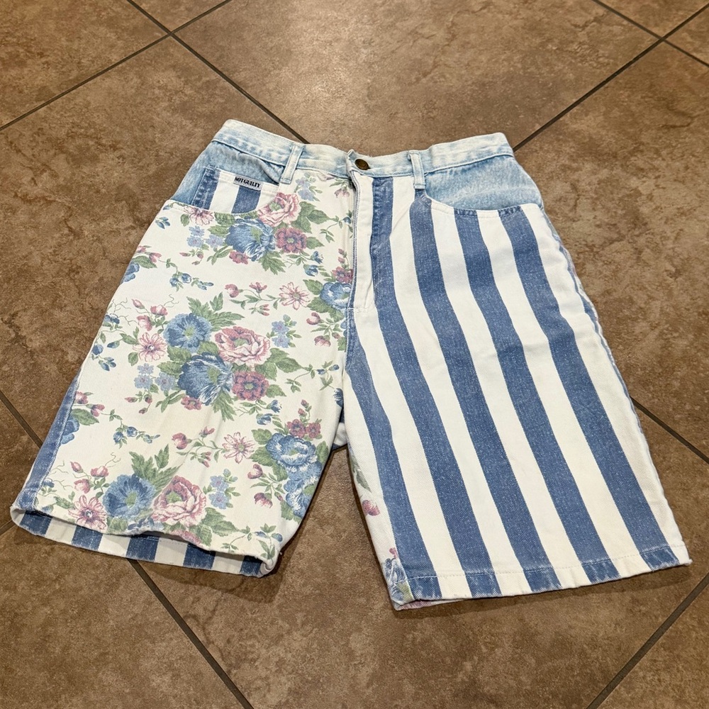 Floral & Blue Stripe High-Waist Denim Shorts Jorts